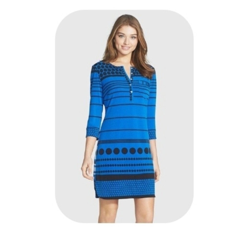 Donna Morgan Blue Black Polka Dot Stripe Henley Shift Dress Size 16 XL